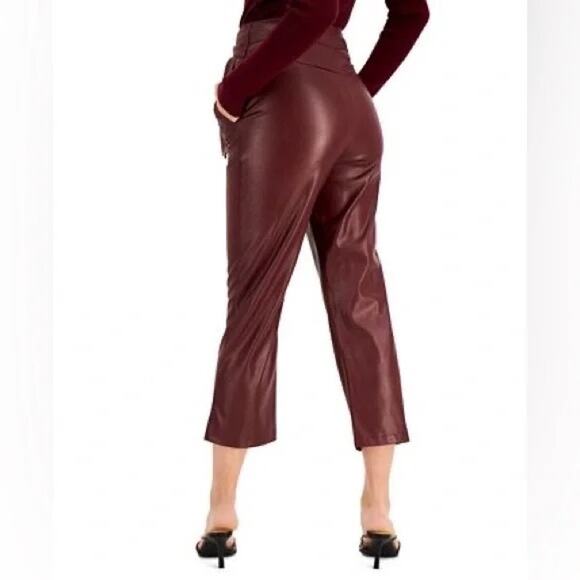 Lucy Paris Maroon Burgundy Faux Leather Cropped Bootcut High Waist Belted Pants - Picture 2 of 12
